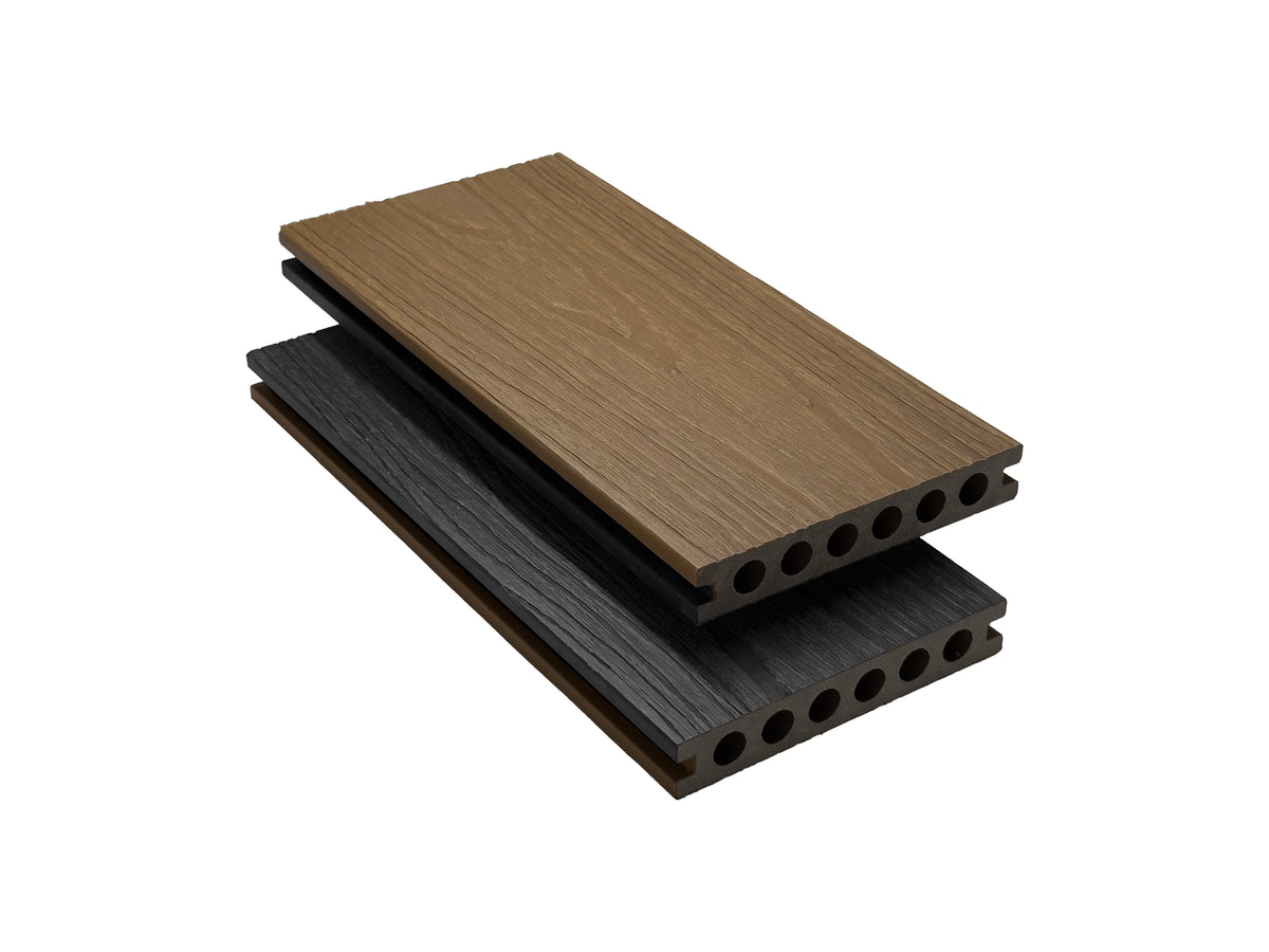 WPC Vlonderplank Golden Teak- Charcoal, Rond Holprofiel, Dubbelzijdige Houtnerf structuur
