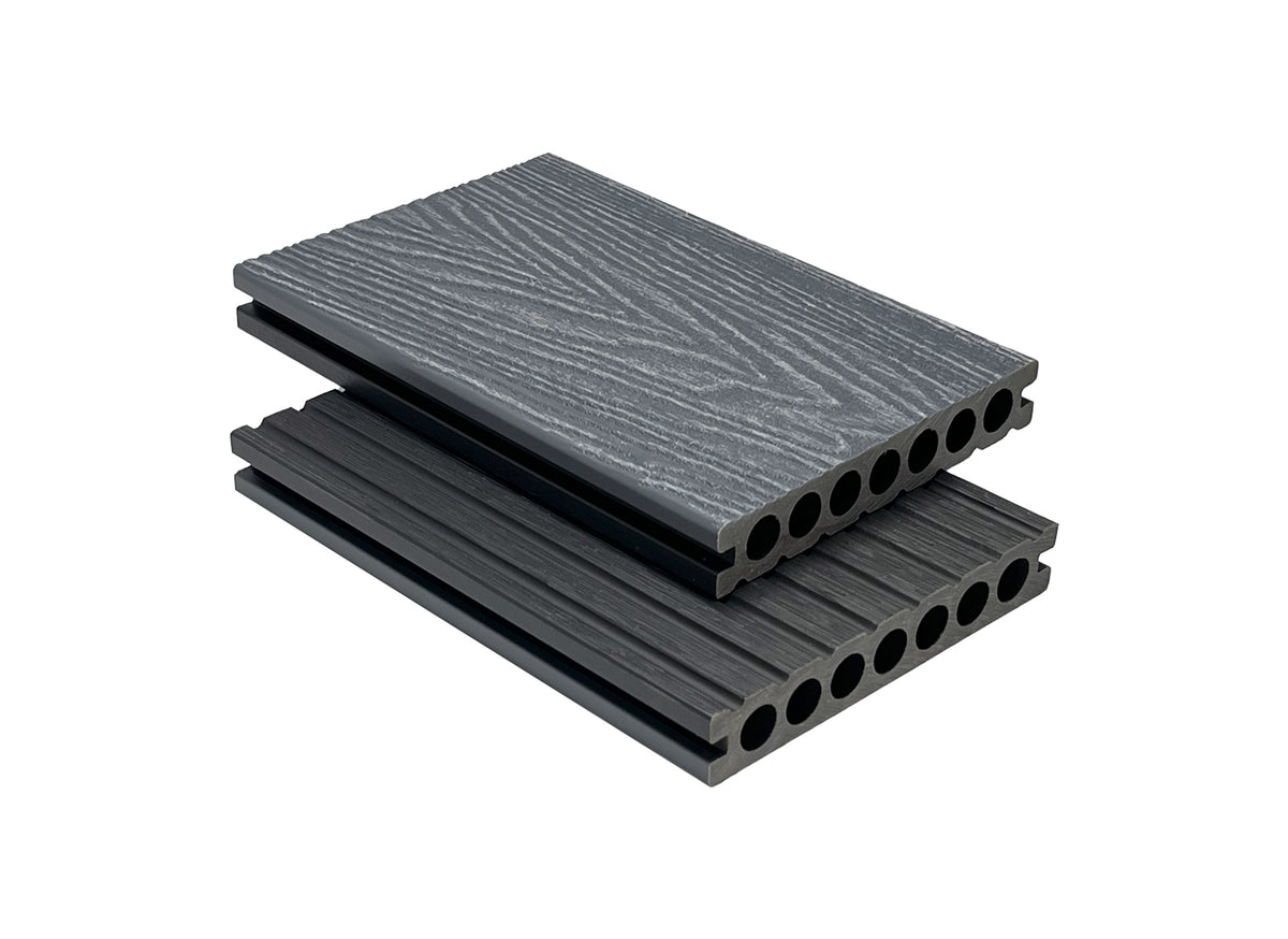 WPC Decking Board double-sided Grey – Round Hollow profile, 3D Dragon wood grain vs. smooth